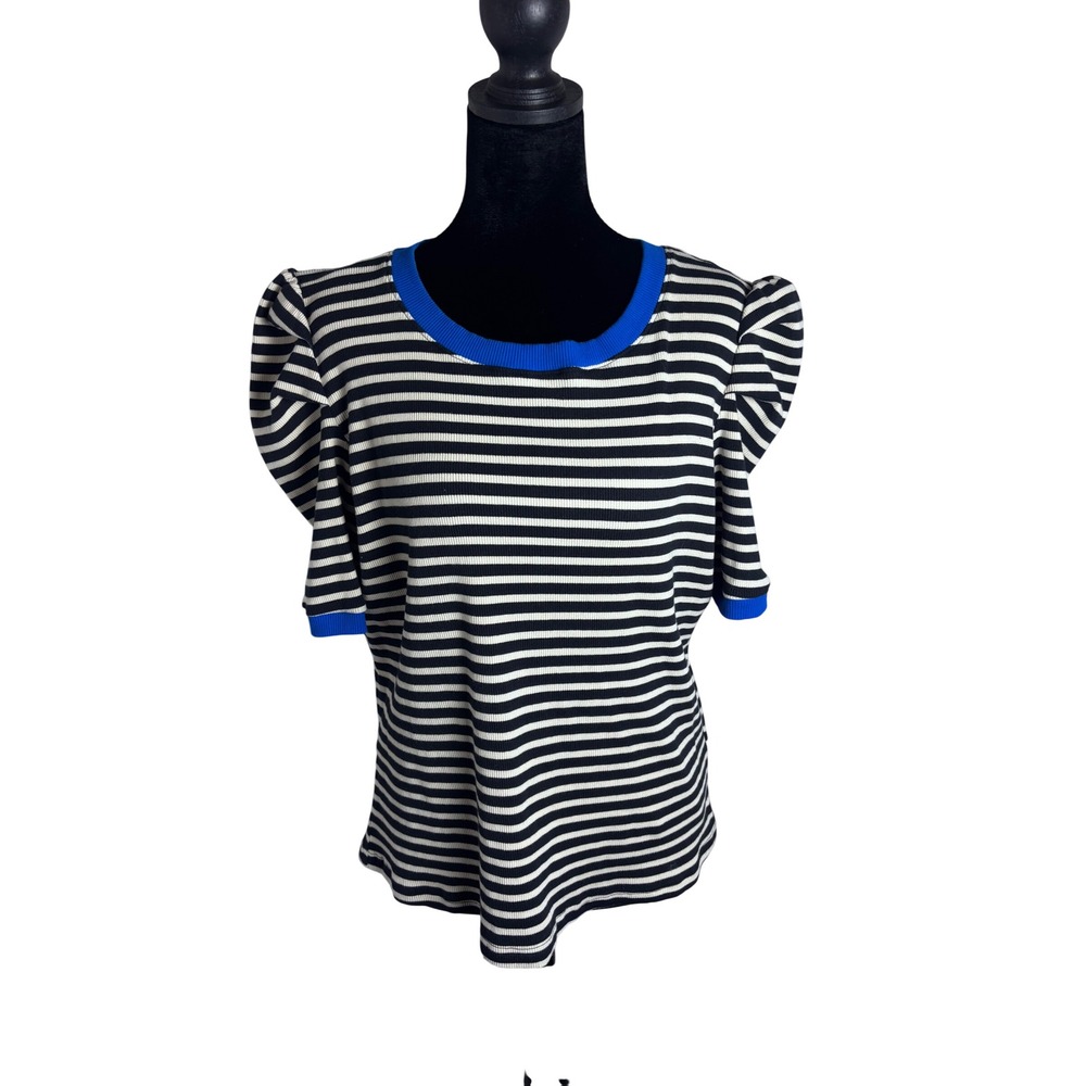 Maeve Puff Sleeve Top Women XL Black White Striped Blue Trim Excellent Ribbed